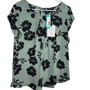 41 Hawthorn Lexie Pleat Front Blouse Light Green Floral Print Cap Sleeve XL